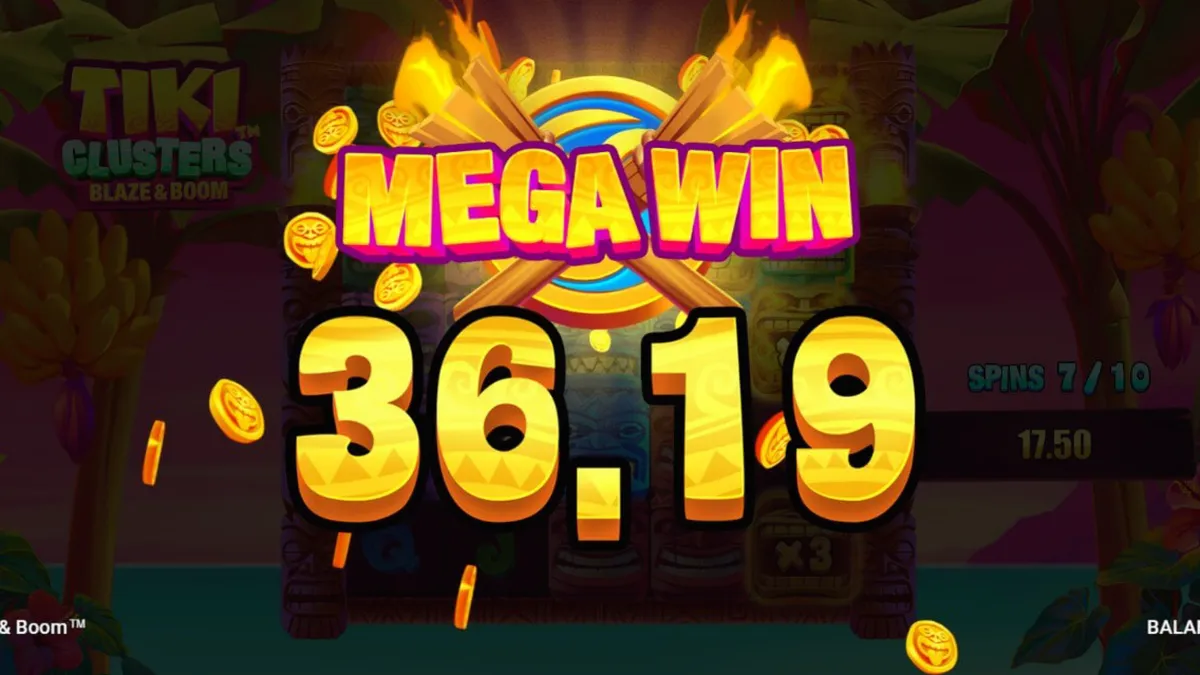 Tiki Clusters Blaze & Boom slot gameplay dengan tema tropis dan simbol Tiki